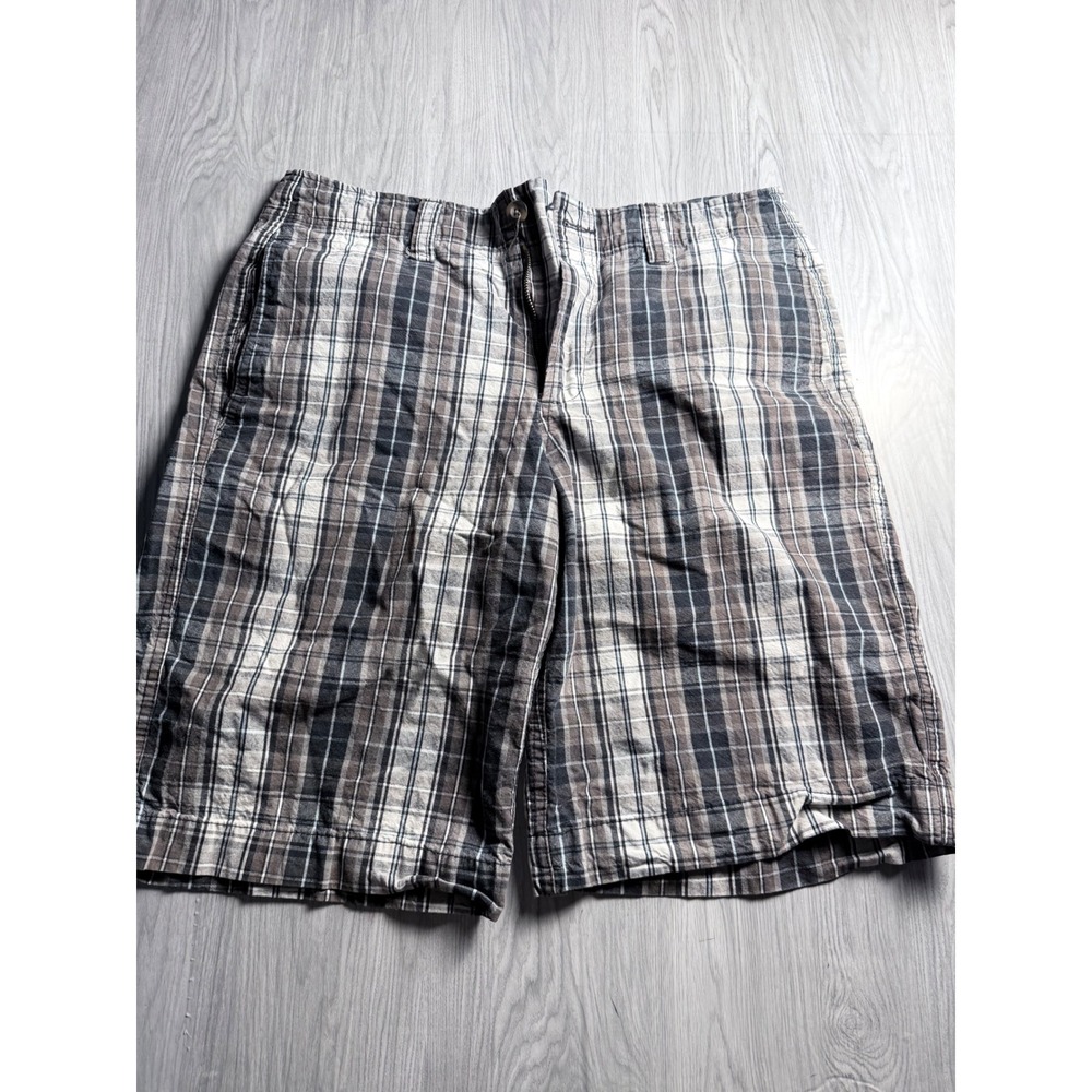 Old Navy Mens Plaid Shorts Grey Blue Cream Cotton Flat Front Size 32